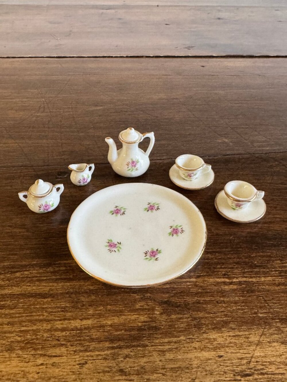 Vintage Unmarked Miniature Tea Set with Dainty Pink Flowers